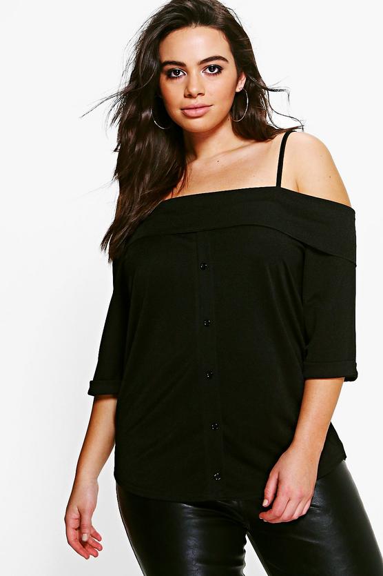 Plus Georgie Button Front Bardot Strap Top